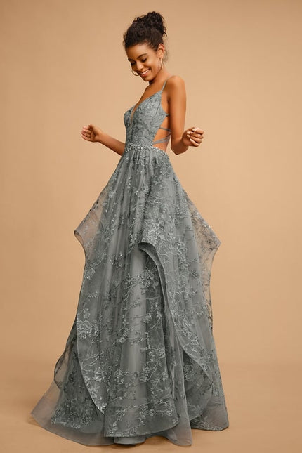 Princesse col v longueur ras du sol tulle dentelle robe de bal - gallery 2