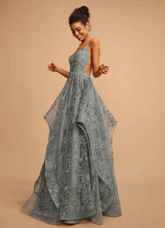 Princesse col v longueur ras du sol tulle dentelle robe de bal - gallery 2