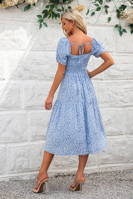 Robe à volants imprimé fleur col carré trapèze rayonne midi - gallery 5