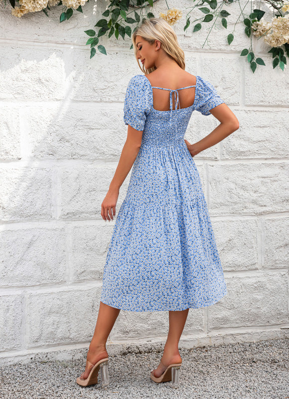 Robe à volants imprimé fleur col carré trapèze rayonne midi - gallery 5