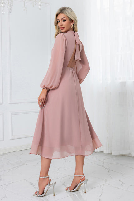Robe col montant trapèze mousseline midi - gallery 4