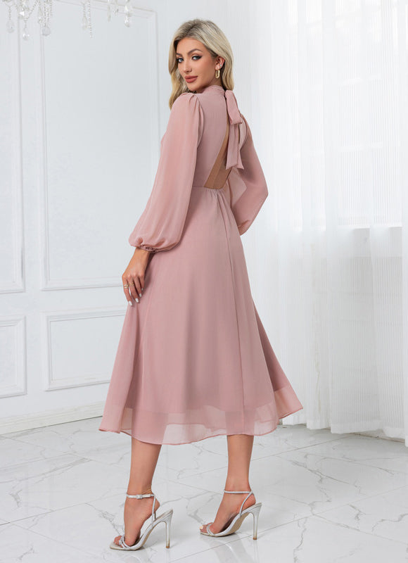 Robe col montant trapèze mousseline midi - gallery 4