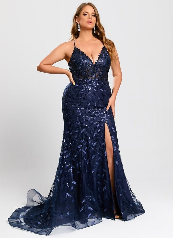 Sirène col v traîne balayage dentelle robe de bal avec paillettes - gallery 9