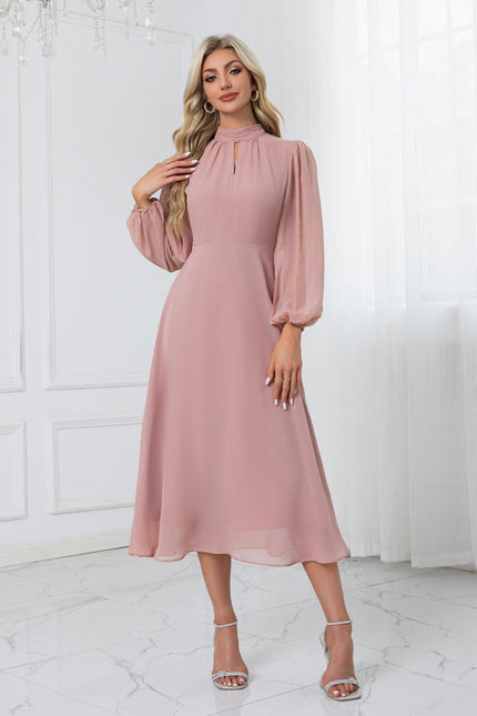Robe col montant trapèze mousseline midi - gallery 2