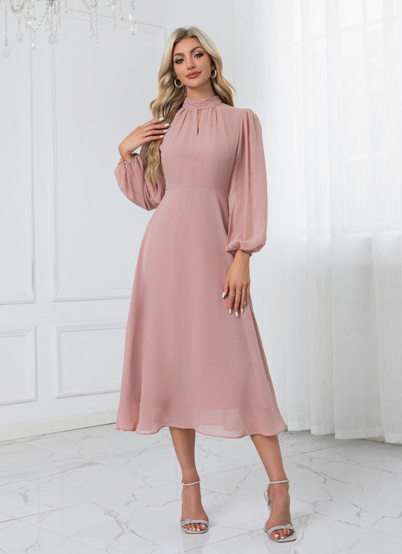 Robe col montant trapèze mousseline midi - gallery 2