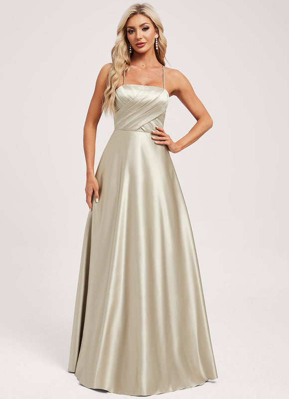 Trapèze col carré longueur ras du sol satin robe de demoiselle d'honneur