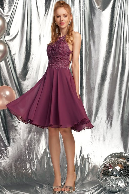 Trapèze col rond longueur genou mousseline robe de bal de promo avec perles