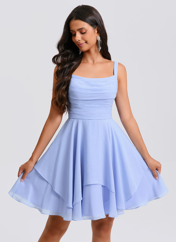Trapèze col rond court mousseline robe de bal de promo avec plissée