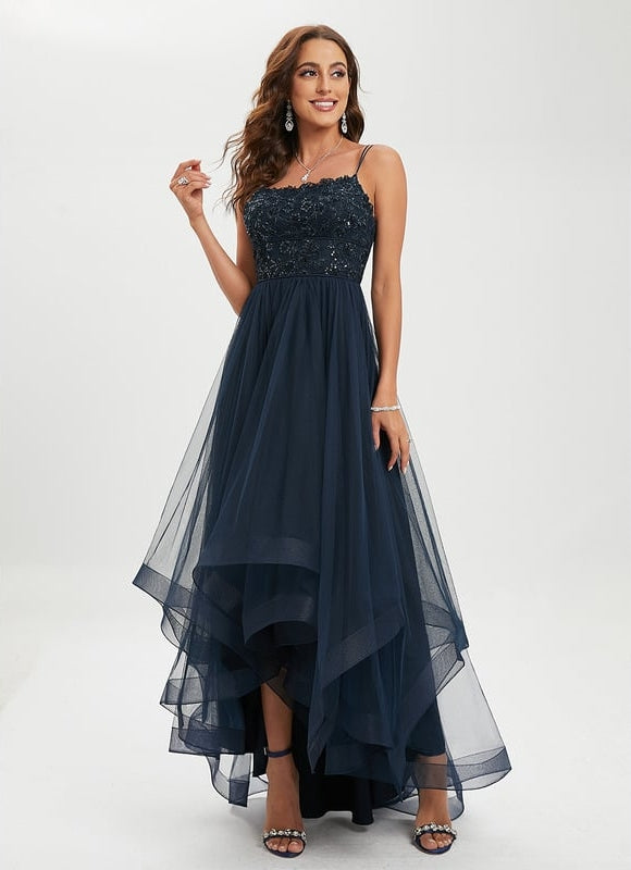 Princesse col rond asymétrique dentelle robe de bal avec paillettes - gallery 4
