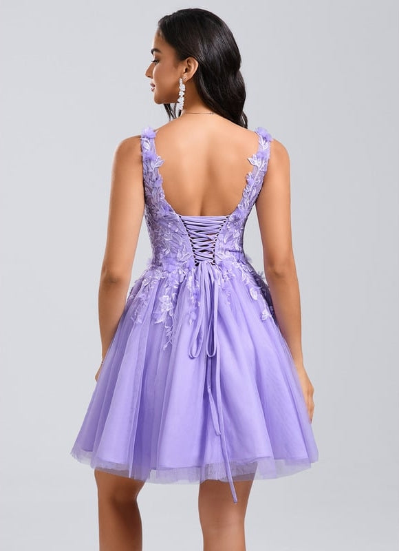 Princesse col v court dentelle tulle robe de bal de promo avec fleurs - gallery 4