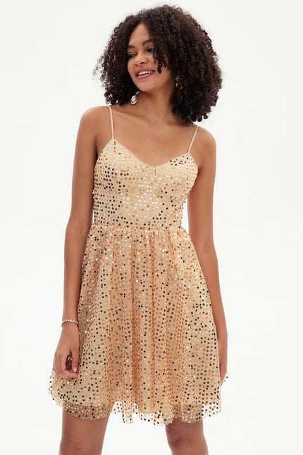 Trapèze col v court paillette robe de bal de promo avec paillettes - gallery 7