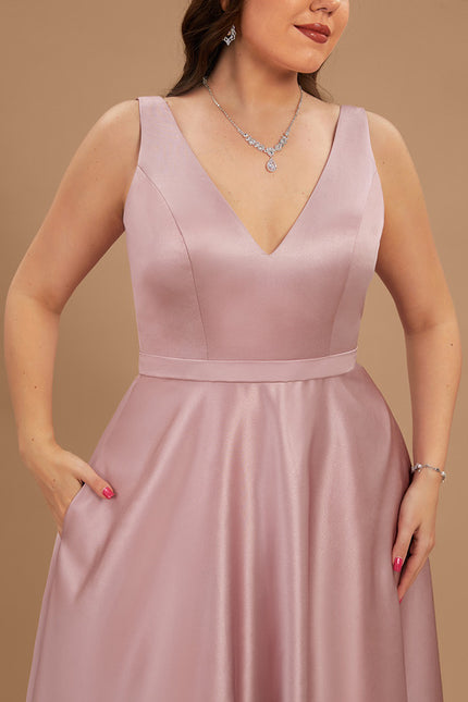 Trapèze col v longueur ras du sol satin robe de demoiselle d'honneur - gallery 6