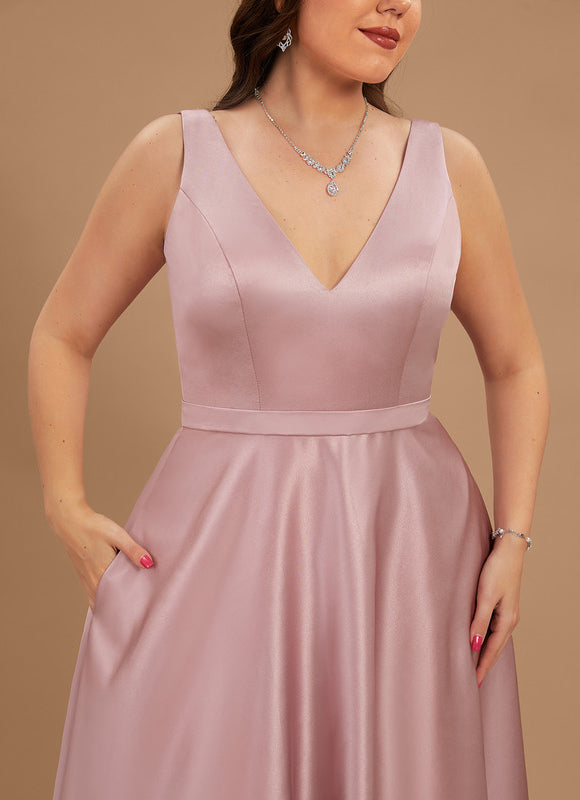 Trapèze col v longueur ras du sol satin robe de demoiselle d'honneur - gallery 6