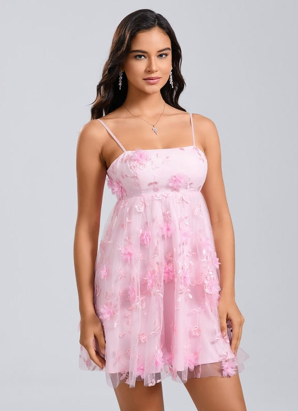 Trapèze col droit mini dentelle robe de bal de promo avec nœud fleurs - gallery 2