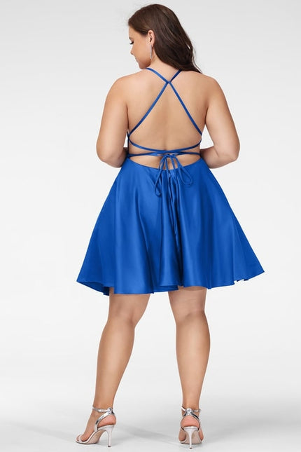 Trapèze col carré court satin robe de bal de promo - gallery 7
