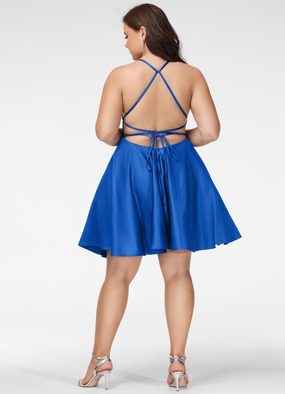 Trapèze col carré court satin robe de bal de promo - gallery 7