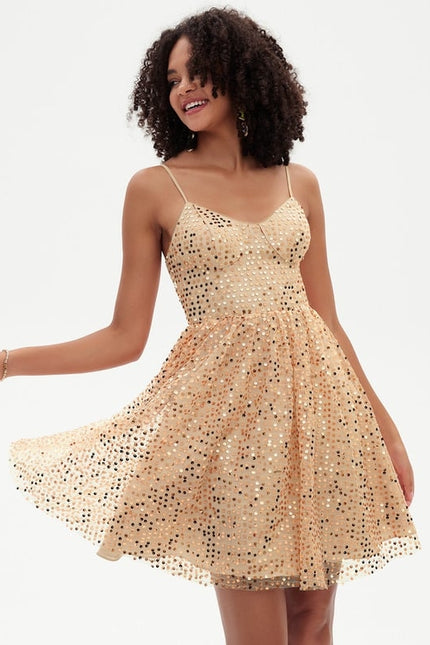 Trapèze col v court paillette robe de bal de promo avec paillettes - gallery 5