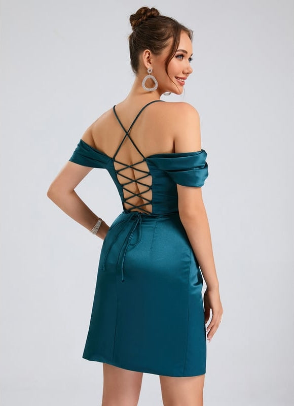 Fourreau épaule dénudée court satin robe de bal de promo - gallery 1