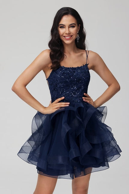 Princesse col rond court tulle dentelle robe de bal de promo avec paillettes - gallery 8