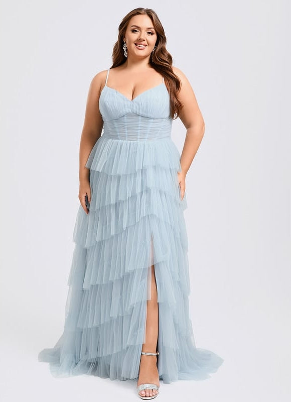 Princesse col v traîne balayage tulle robe de bal - gallery 8