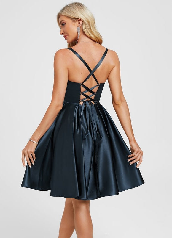 Trapèze col cœur court satin extensible robe de bal de promo avec plissée - gallery 3