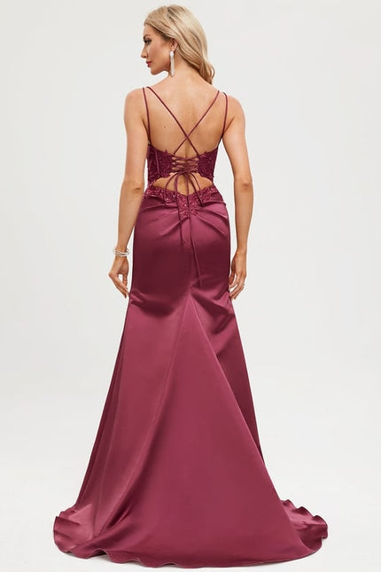 Sirène col rond traîne balayage satin robe de bal avec paillettes - gallery 1