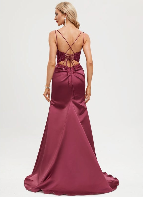 Sirène col rond traîne balayage satin robe de bal avec paillettes - gallery 1