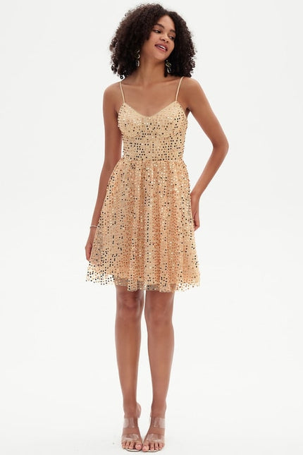 Trapèze col v court paillette robe de bal de promo avec paillettes - gallery 2