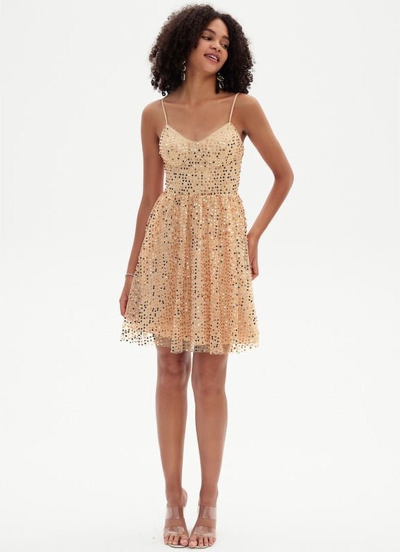 Trapèze col v court paillette robe de bal de promo avec paillettes - gallery 2