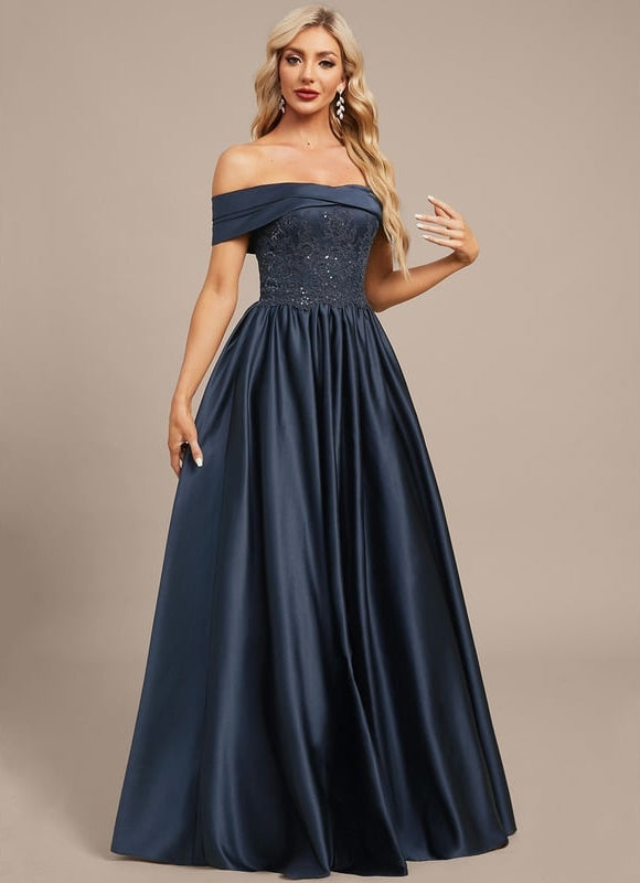 Trapèze épaule dénudée longueur ras du sol satin dentelle robe de soirée avec plissée paillettes - gallery 6