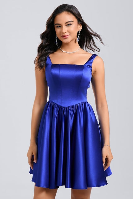 Trapèze col carré court satin robe de bal de promo avec nœud