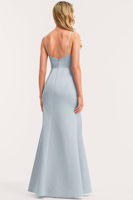 Trapèze col v longueur ras du sol satin robe de demoiselle d'honneur - gallery 1