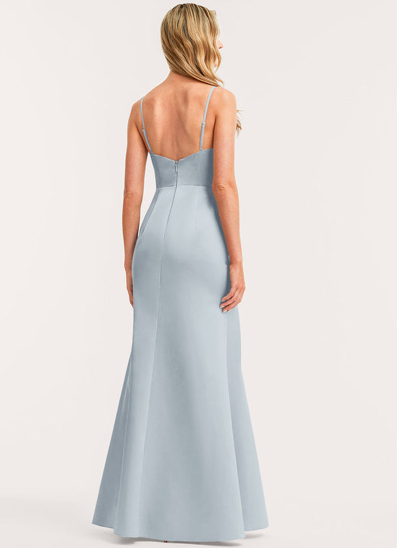 Trapèze col v longueur ras du sol satin robe de demoiselle d'honneur - gallery 1