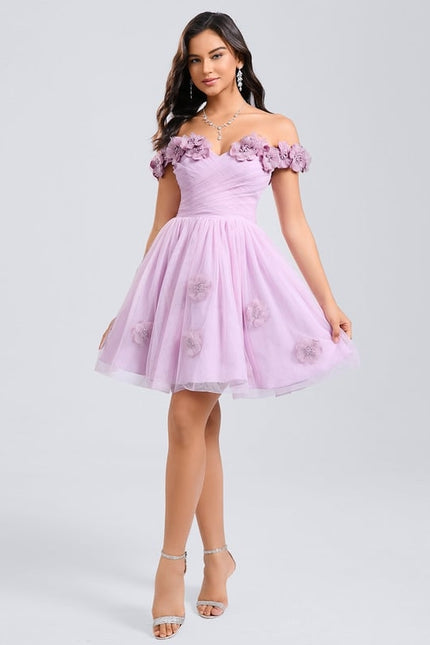 Princesse épaule dénudée court tulle robe de bal de promo avec plissée fleurs - gallery 3