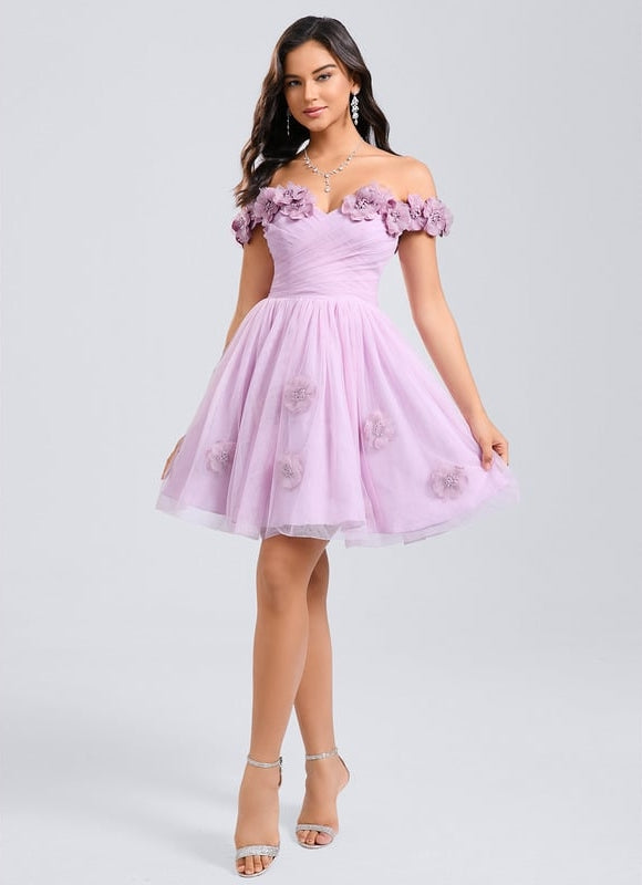 Princesse épaule dénudée court tulle robe de bal de promo avec plissée fleurs - gallery 3