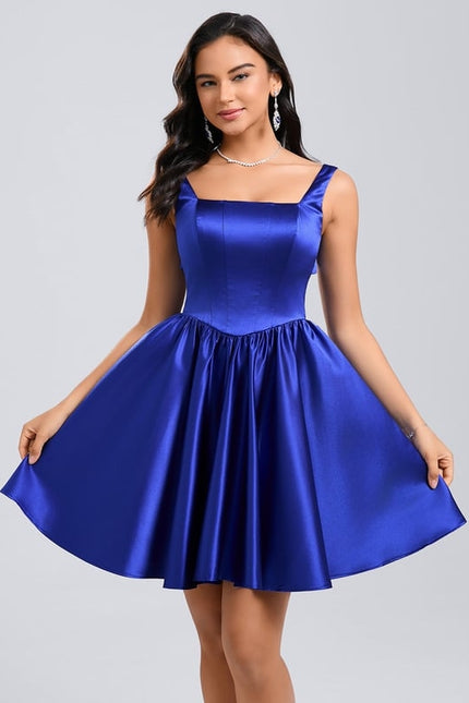 Trapèze col carré court satin robe de bal de promo avec nœud - gallery 1