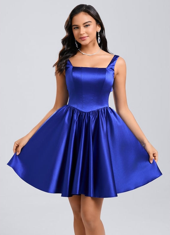 Trapèze col carré court satin robe de bal de promo avec nœud - gallery 1