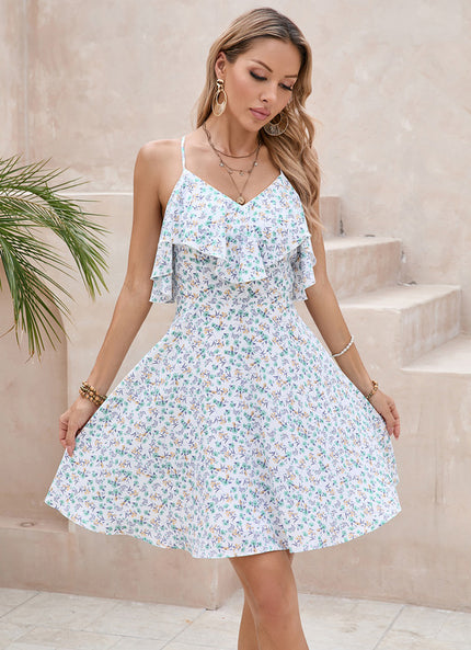 Robe imprimé fleur col v trapèze polyester mini