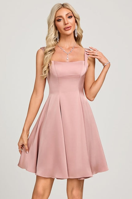Trapèze col carré court satin mat robe de bal de promo avec nœud - gallery 2