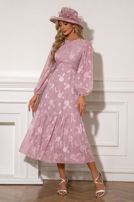 Robe à volants jacquard col rond trapèze mousseline midi - gallery 5