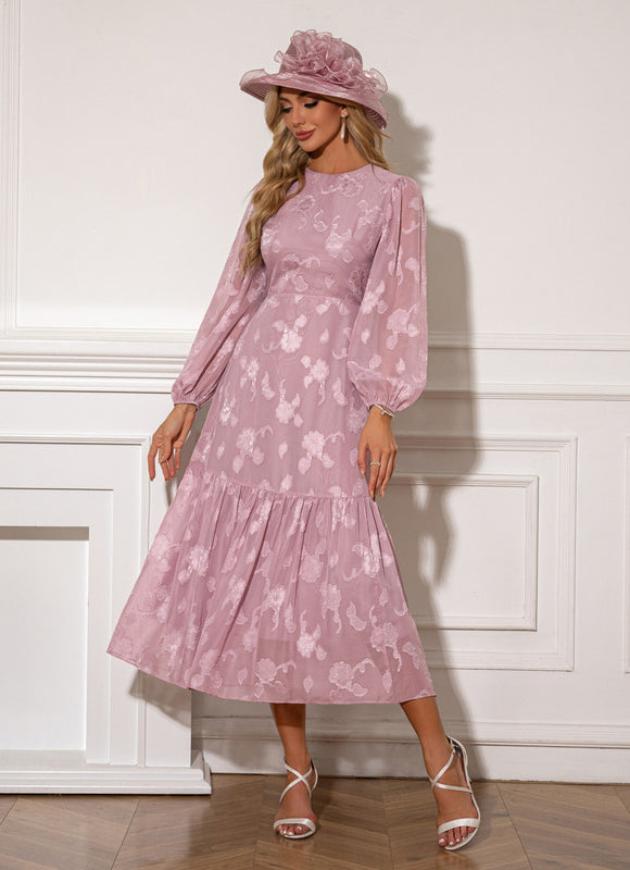 Robe à volants jacquard col rond trapèze mousseline midi - gallery 5
