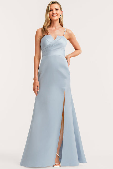 Trapèze col v longueur ras du sol satin robe de demoiselle d'honneur - gallery 3