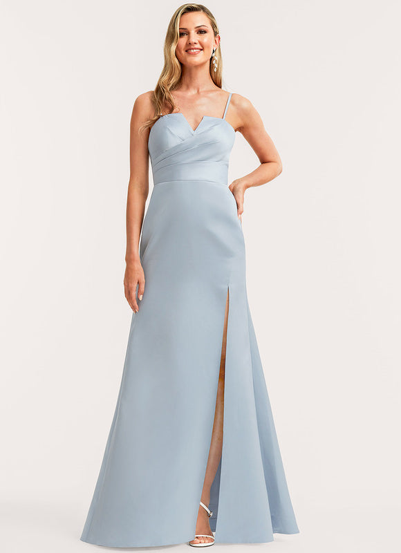Trapèze col v longueur ras du sol satin robe de demoiselle d'honneur - gallery 3