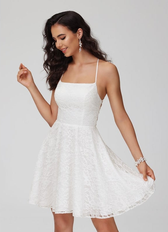 Trapèze col carré court dentelle robe de bal de promo - gallery 2