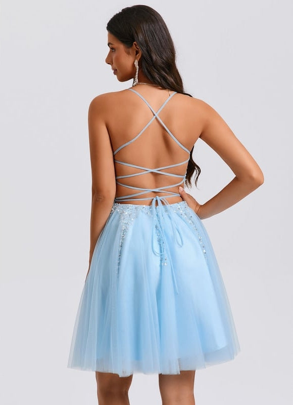 Trapèze col rond court tulle paillette robe de bal de promo avec paillettes perles - gallery 4