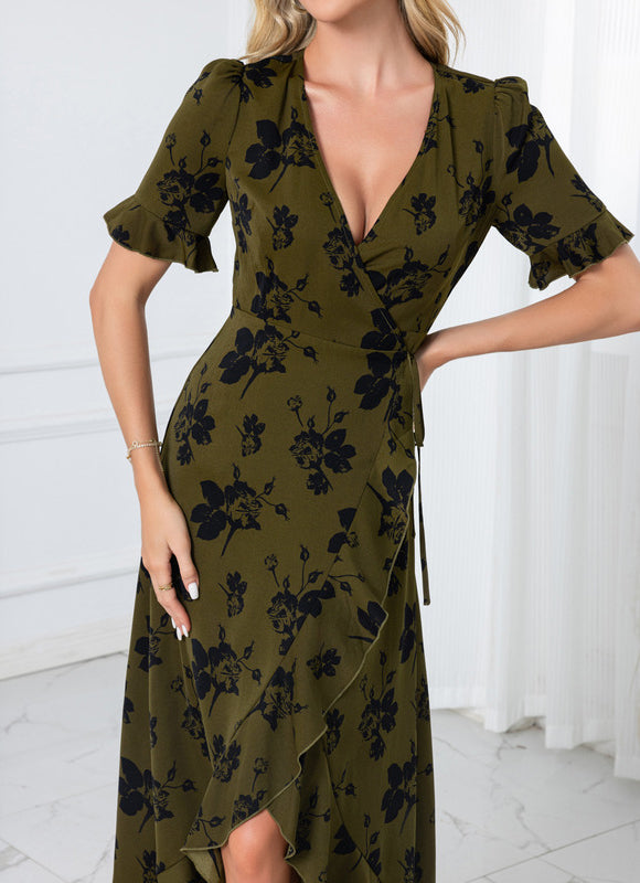 Robe jacquard col v trapèze polyester asymétrique midi - gallery 6