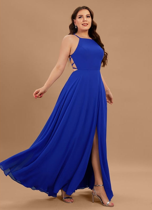 Trapèze col rond longueur ras du sol mousseline robe de demoiselle d'honneur - gallery 5