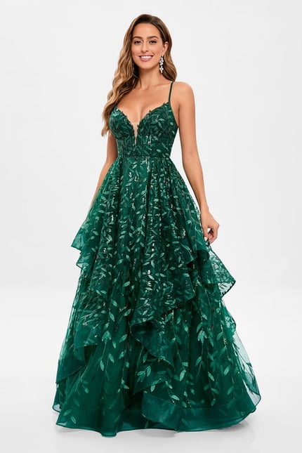 Princesse col v longueur ras du sol dentelle floral robe de bal avec paillettes - gallery 2