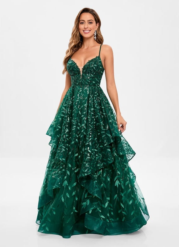 Princesse col v longueur ras du sol dentelle floral robe de bal avec paillettes - gallery 2