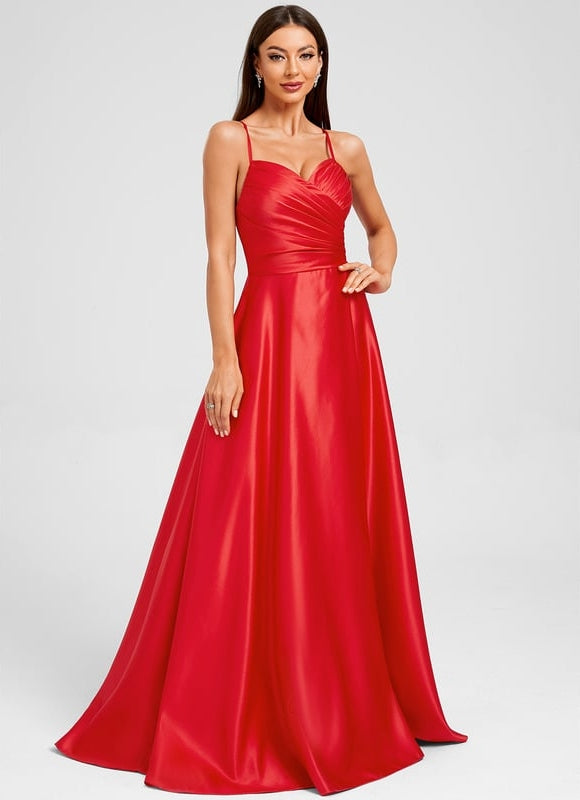 Trapèze col v longueur ras du sol satin robe de bal avec plissée - gallery 4